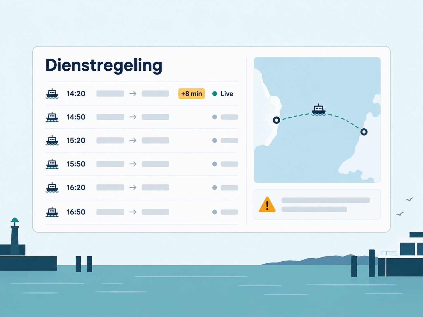 Ferryon-dienstregeling met afvaarten, een live vertraging en de route tussen twee aanlegplaatsen