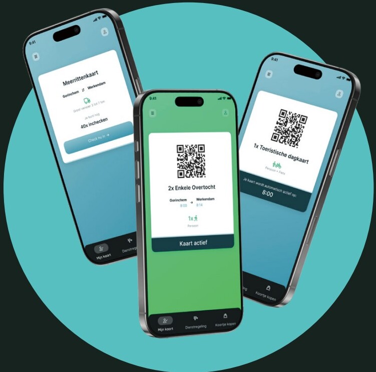 Digitale tickets in de Ferryon-app: meerrittenkaart, enkele overtocht en toeristische dagkaart
